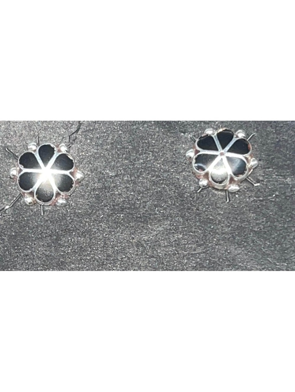 Zuni handmade sterling silver inlay onyx earrings flower